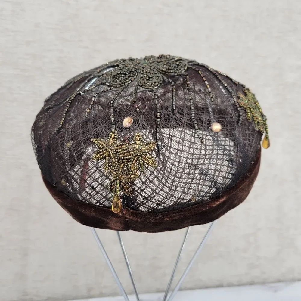 50s Tambour Embroidery Beaded Women's Hat Facinator Pillbox Mesh